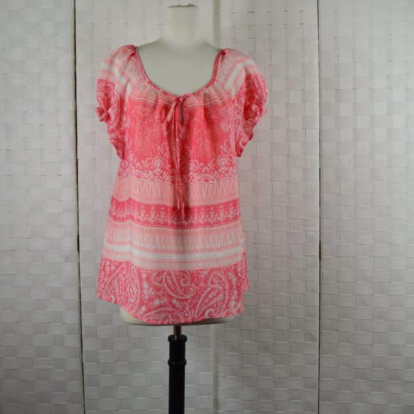CJ Banks Tops - CJ Banks Peasant Top, Pink Paisley Print, Size 1X